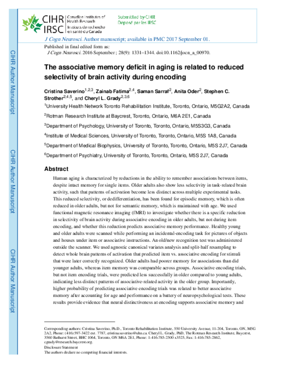 (PDF) The Associative Memory Deficit in Aging Is Related to Reduced ...