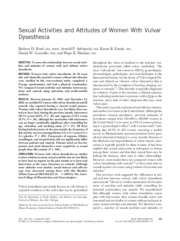 (PDF) Sexual activities and attitudes of women with vulvar dysesthesia