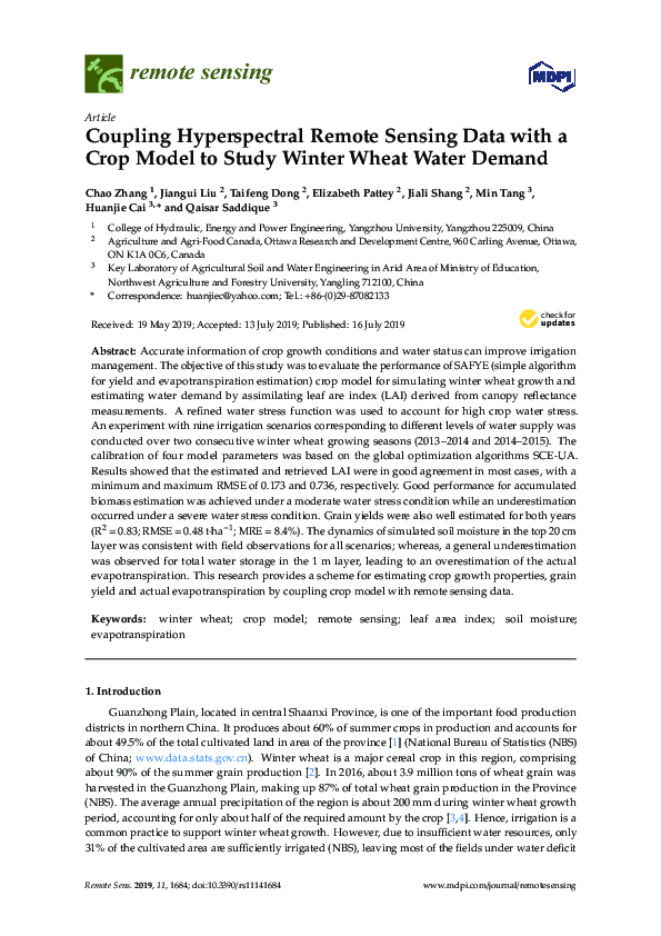 (PDF) Coupling Hyperspectral Remote Sensing Data with a Crop Model to ...