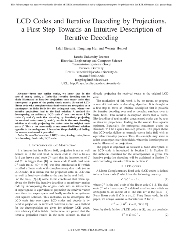 (PDF) LCD Codes and Iterative Decoding by Projections, a First Step ...