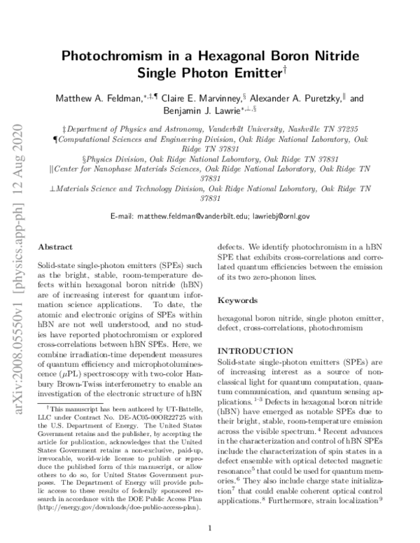 (PDF) Evidence of photochromism in a hexagonal boron nitride single ...