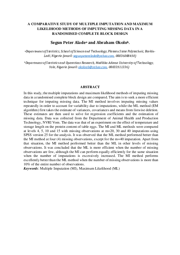 (PDF) A COMPARATIVE STUDY OF MULTIPLE IMPUTATION AND MAXIMUM LIKELIHOOD ...