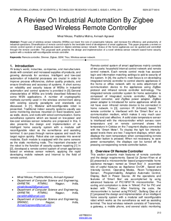 (PDF) A Review On Industrial Automation By Zigbee Based Wireless Remote ...