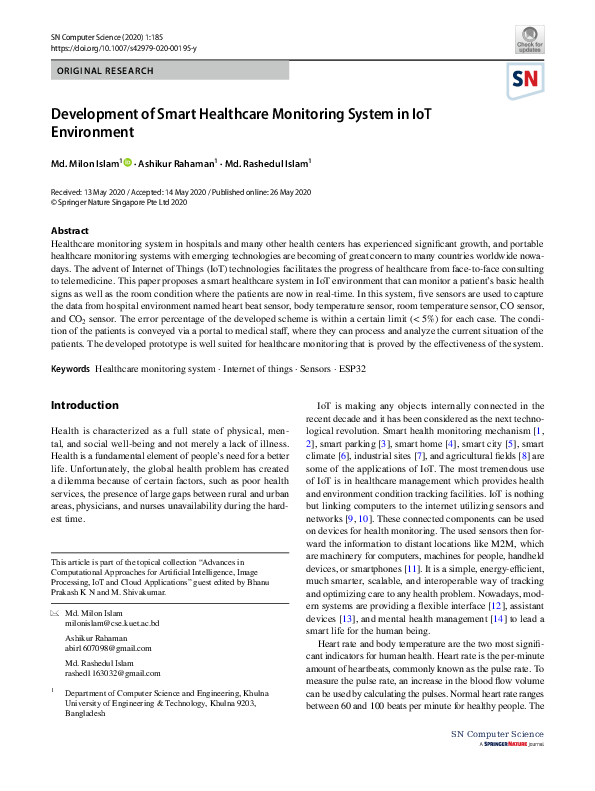 (PDF) Development of Smart Healthcare Monitoring System in IoT Environment