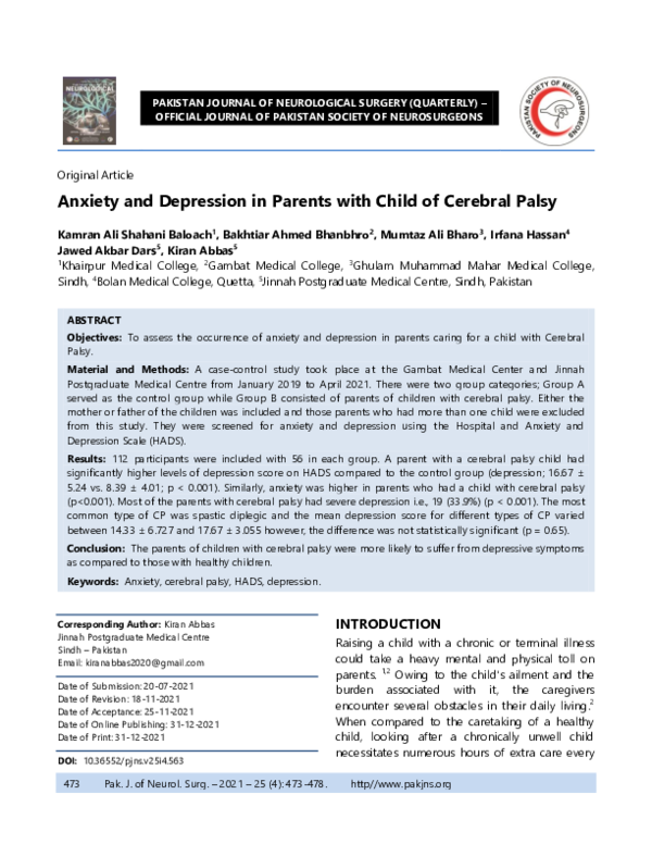 (PDF) Anxiety and Depression in Parents of Children With Cerebral Palsy ...