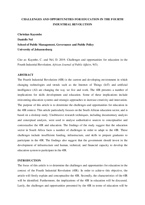 (PDF) CHALLENGES AND OPPORTUNITIES FOR EDUCATION IN THE FOURTH ...