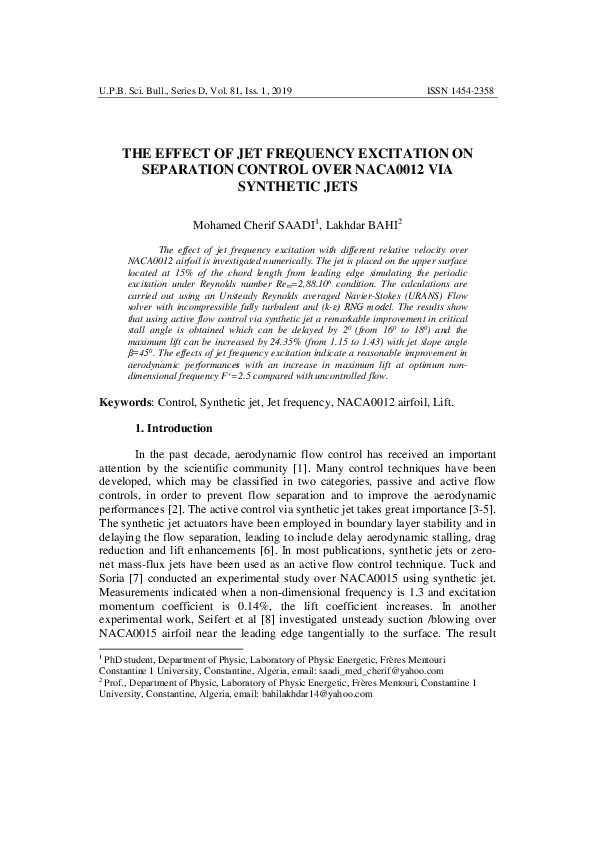 (PDF) The Effect of Jet Frequency Excitation on Separation Control Over ...