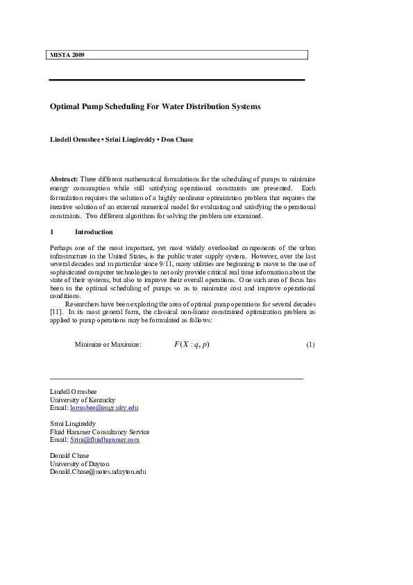 (PDF) Optimal Pump Scheduling For Water Distribution Systems