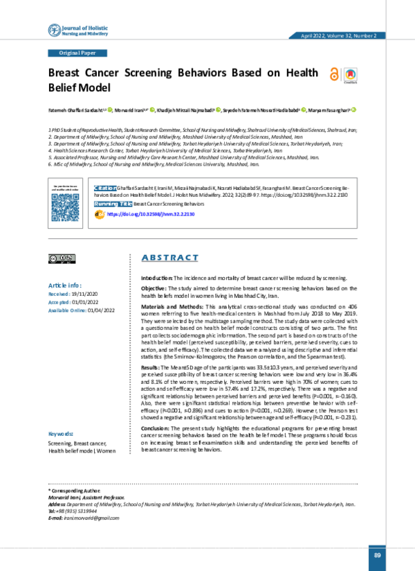 (PDF) Breast Cancer Screening Behaviors Based on Health Belief Model