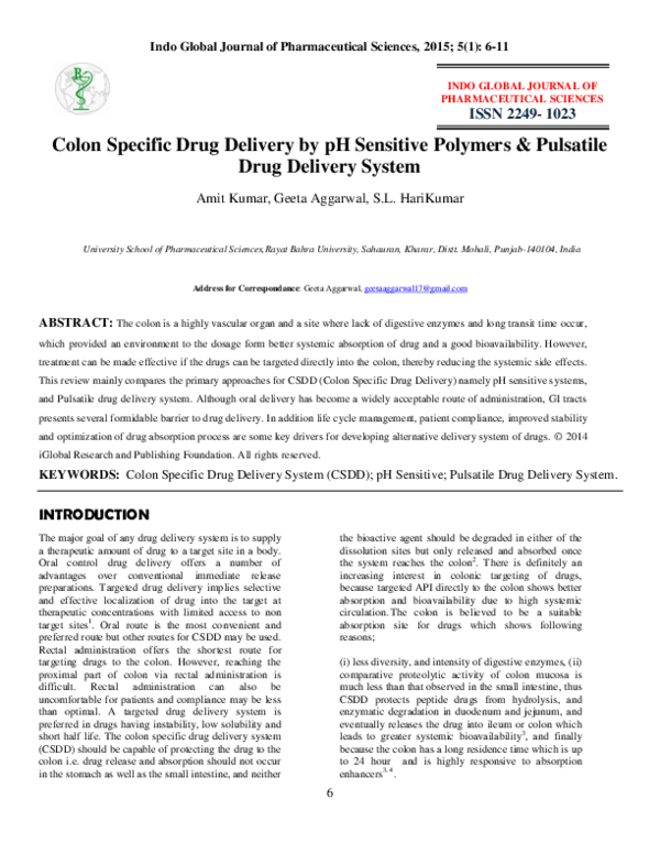 (PDF) Colon Specific Drug Delivery by pH Sensitive Polymers & Pulsatile ...