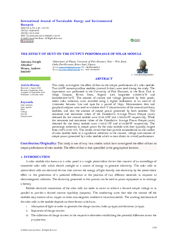 (PDF) The Effect of Dust on the Output Performance of Solar Module