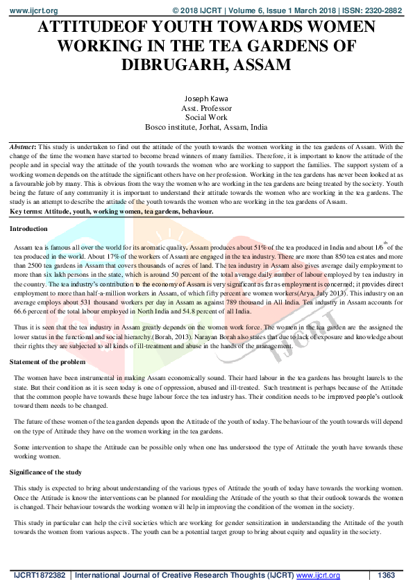 (PDF) Attitudeof Youth Towards Women Working in the Tea Gardens of