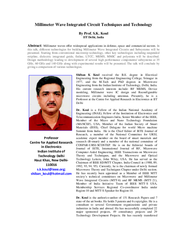 (PDF) Millimeter wave integrated circuit techniques and technology