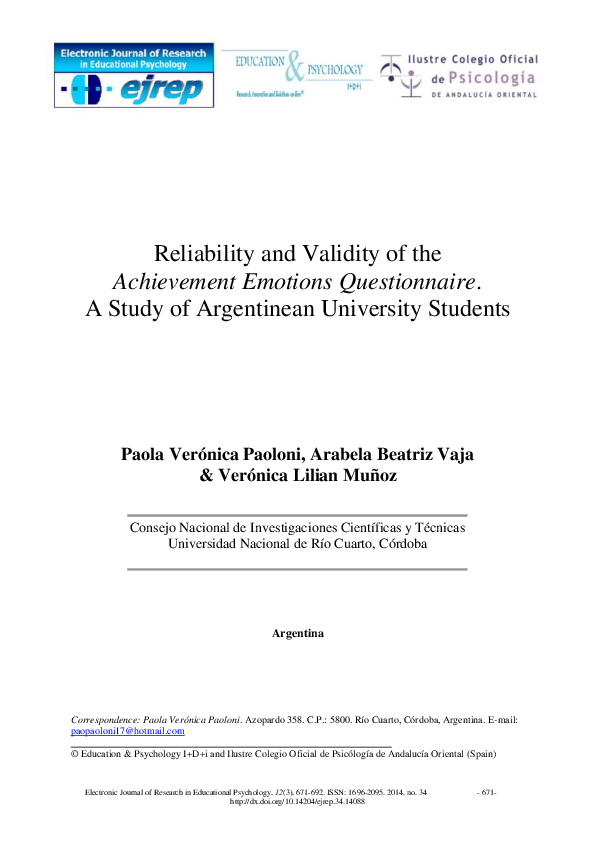(PDF) Reliability and validity of the Achievement Emotions ...