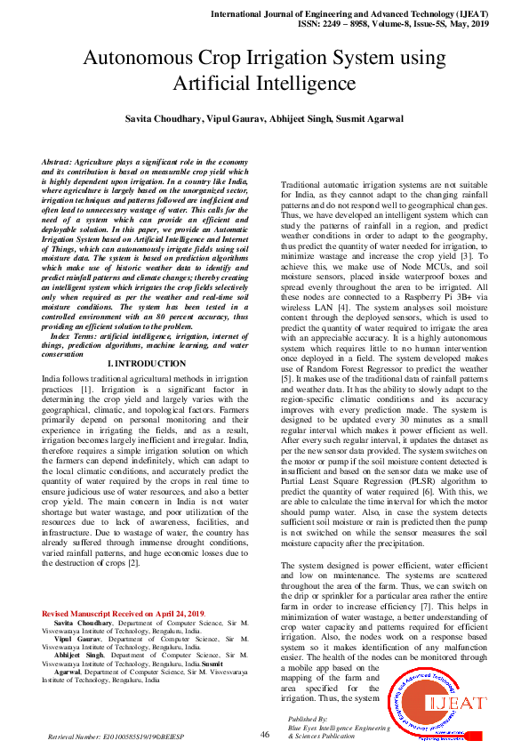 (PDF) Autonomous Crop Irrigation System using Artificial Intelligence