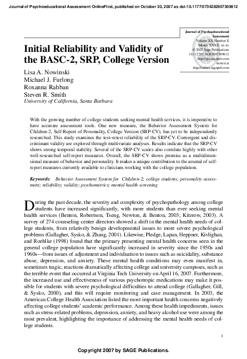 (PDF) Initial Reliability and Validity of the BASC-2, SRP, College Version