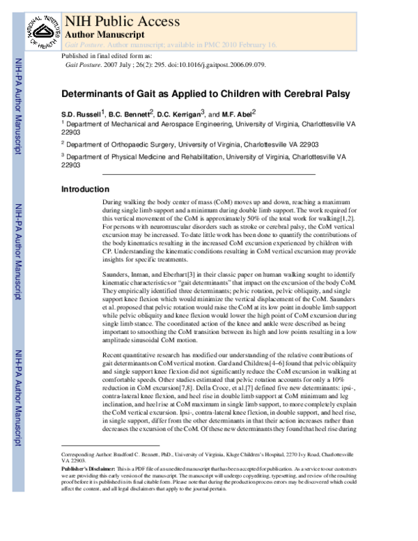 (PDF) Determinants of gait as applied to children with cerebral palsy