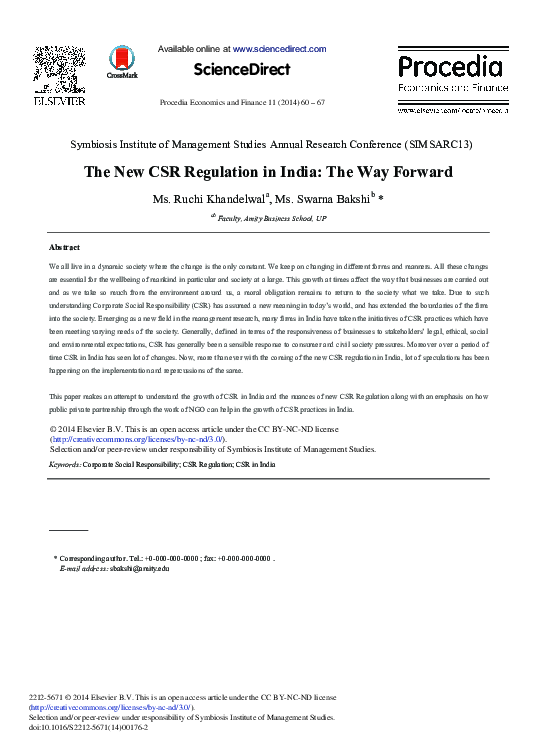 (PDF) The New CSR Regulation in India: The Way Forward