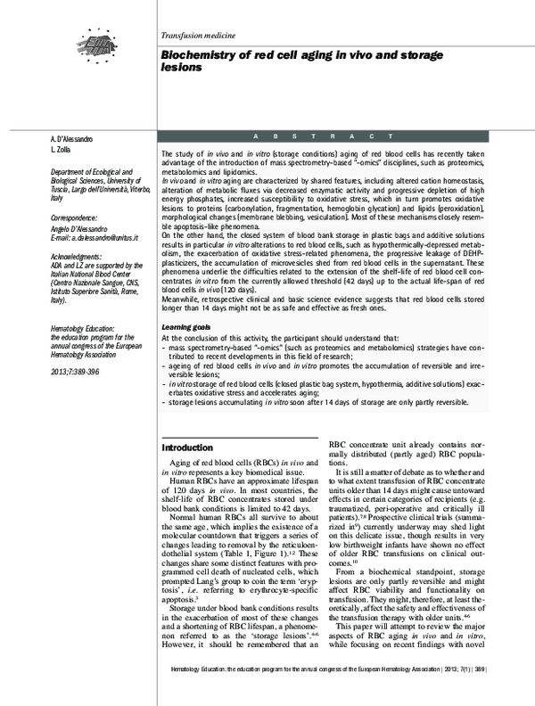(PDF) Biochemistry of red cell aging in vivo and storage lesions