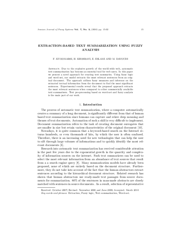 (PDF) Optimizing Text Summarization Based on Fuzzy Logic