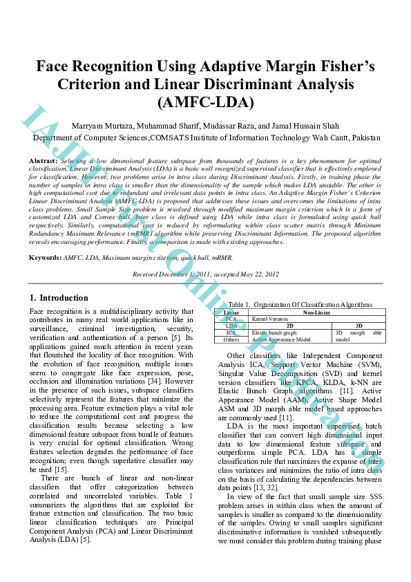 (PDF) Face recognition using adaptive margin fisher's criterion and ...