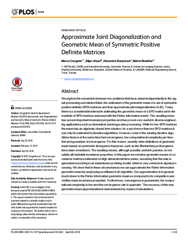(PDF) Approximate Joint Diagonalization and Geometric Mean of Symmetric ...