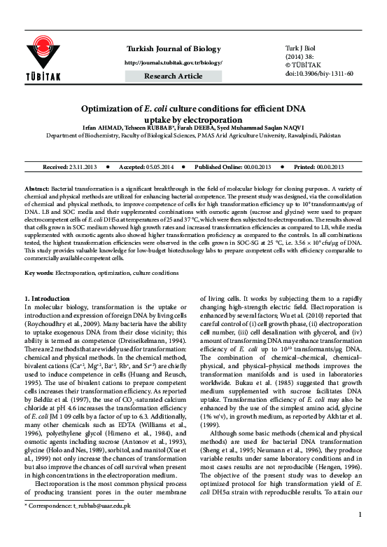 (PDF) Optimization of E. coli culture conditions for efficient DNA ...