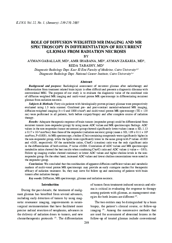 (PDF) Role of Diffusion Weighted MR Imaging and MR Spectroscopy in ...
