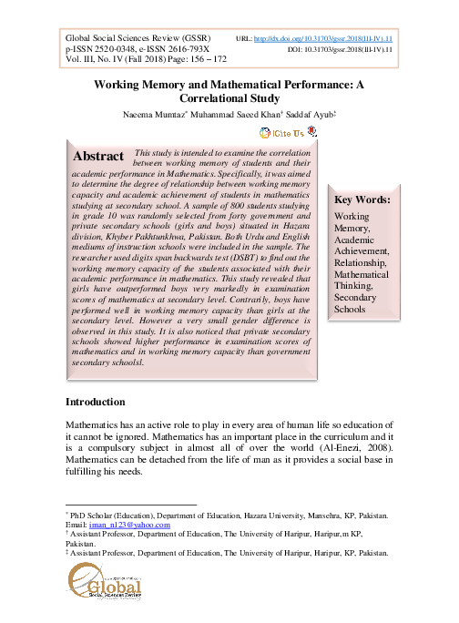 (PDF) Working Memory and Mathematical Performance: A Correlational Study