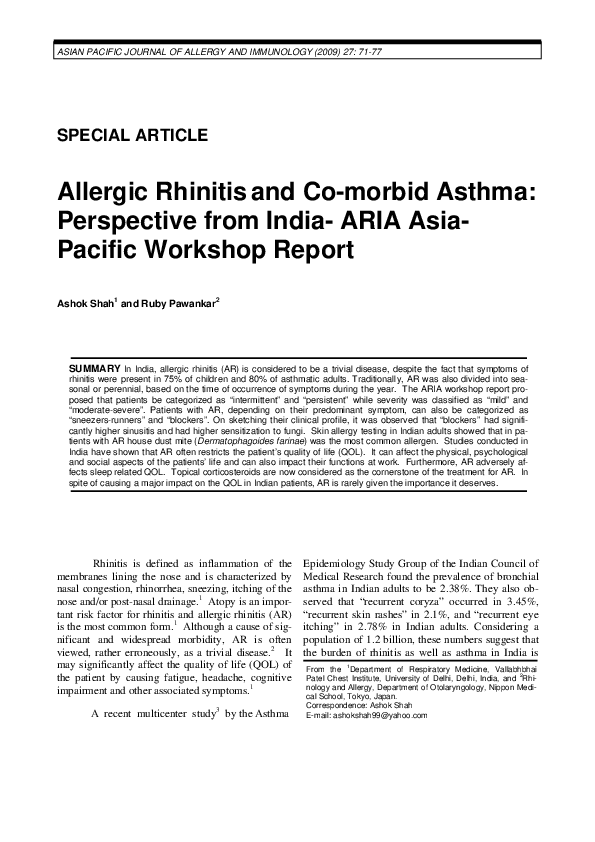 (PDF) Allergic rhinitis and co-morbid asthma: perspective from India ...