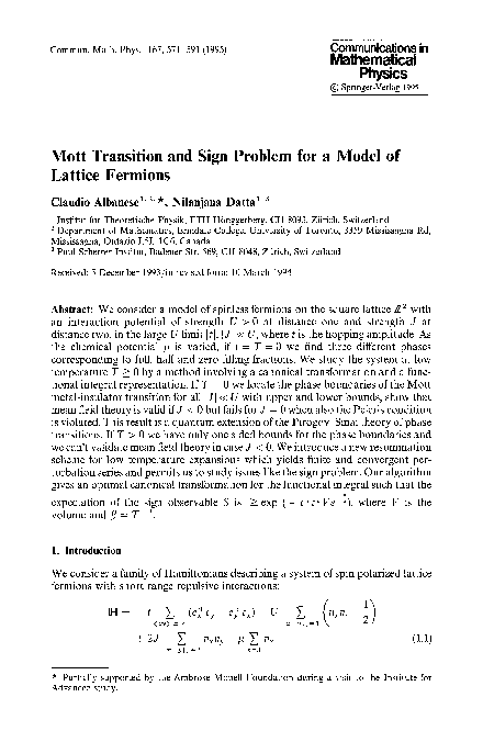 (PDF) Mott transition and sign problem for a model of lattice fermions