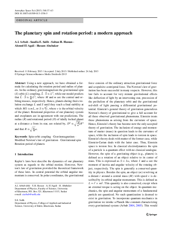 (PDF) The planetary spin and rotation period: a modern approach