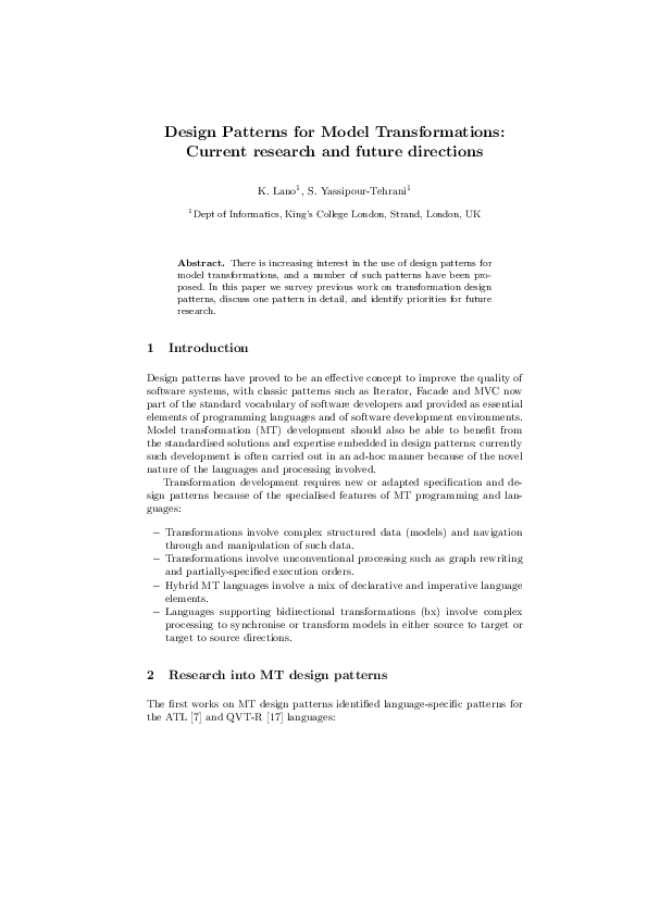 (PDF) Design Patterns for Model Transformations: Current research and ...