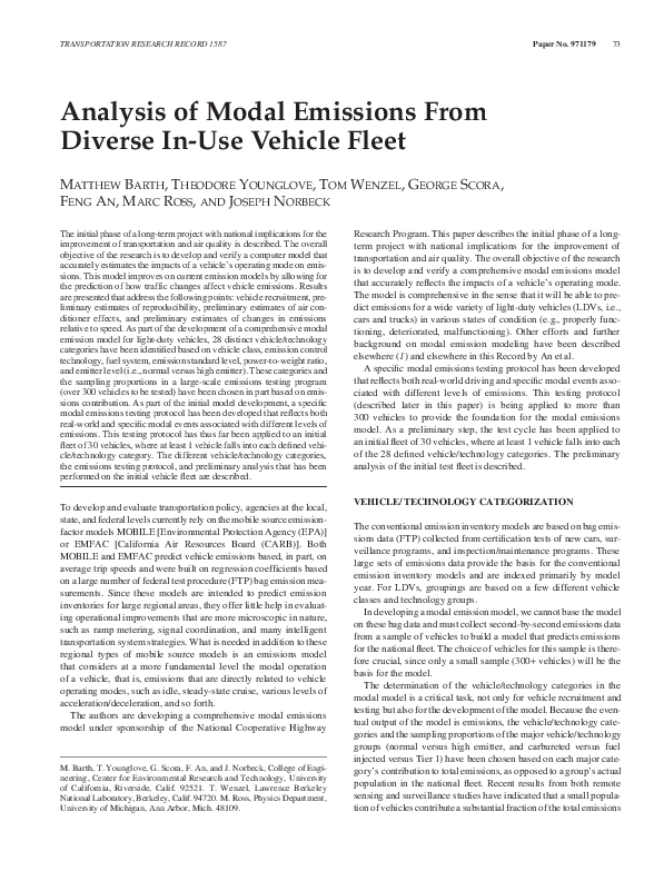 (PDF) Analysis of Modal Emissions From Diverse In-Use Vehicle Fleet