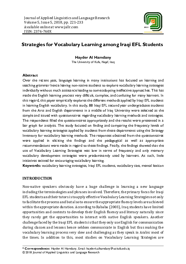 (PDF) Strategies for Vocabulary Learning among Iraqi EFL Students