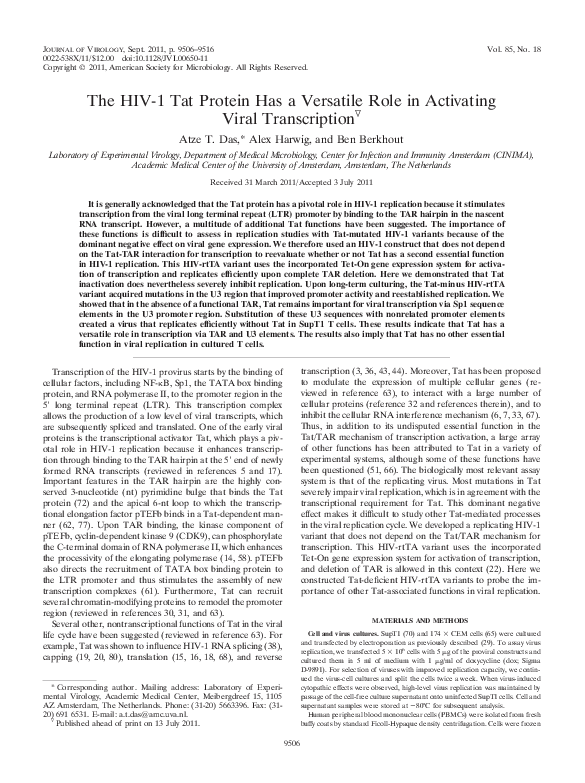 (PDF) The HIV-1 Tat Protein Has a Versatile Role in Activating Viral ...