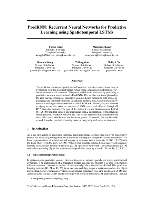 (PDF) PredRNN: Recurrent Neural Networks for Predictive Learning using ...