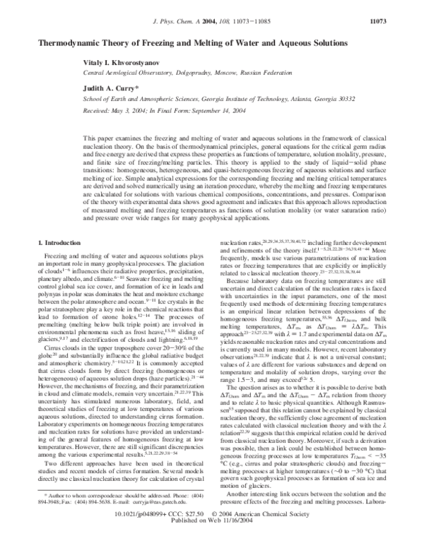 (PDF) Thermodynamic Theory of Freezing and Melting of Water and Aqueous ...