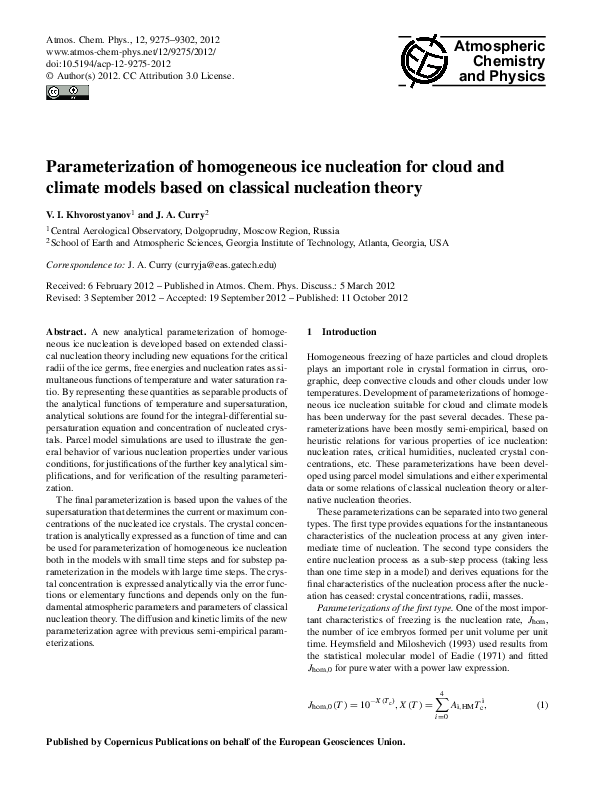 (PDF) Atmospheric Chemistry and Physics Parameterization of homogeneous ...