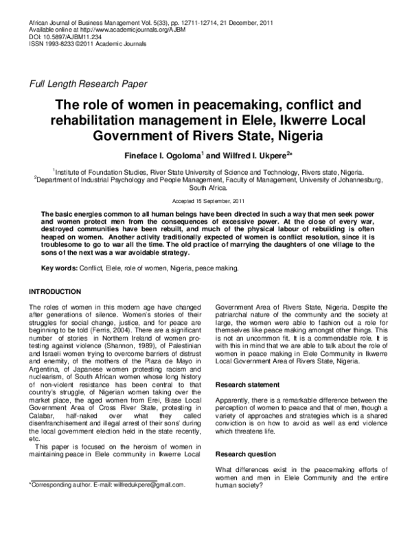  PDF The Role Of Women In Peacemaking Conflict And Rehabilitation Management In Elele Ikwerre 