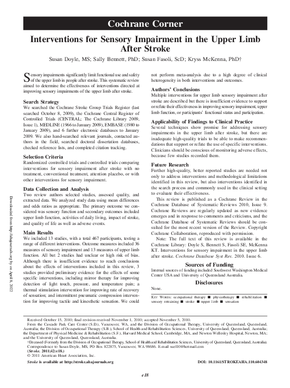 (PDF) Interventions for Sensory Impairment in the Upper Limb After Stroke