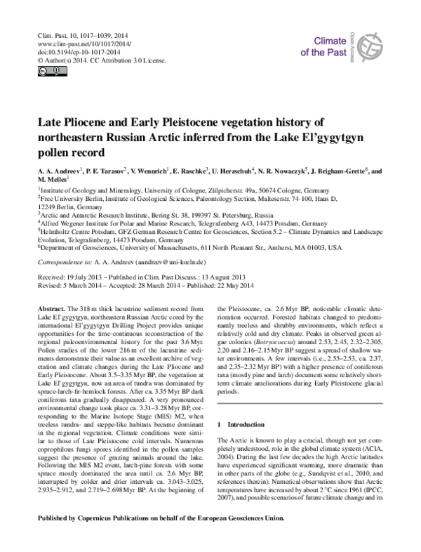 (PDF) Late Pliocene and Early Pleistocene vegetation history of ...