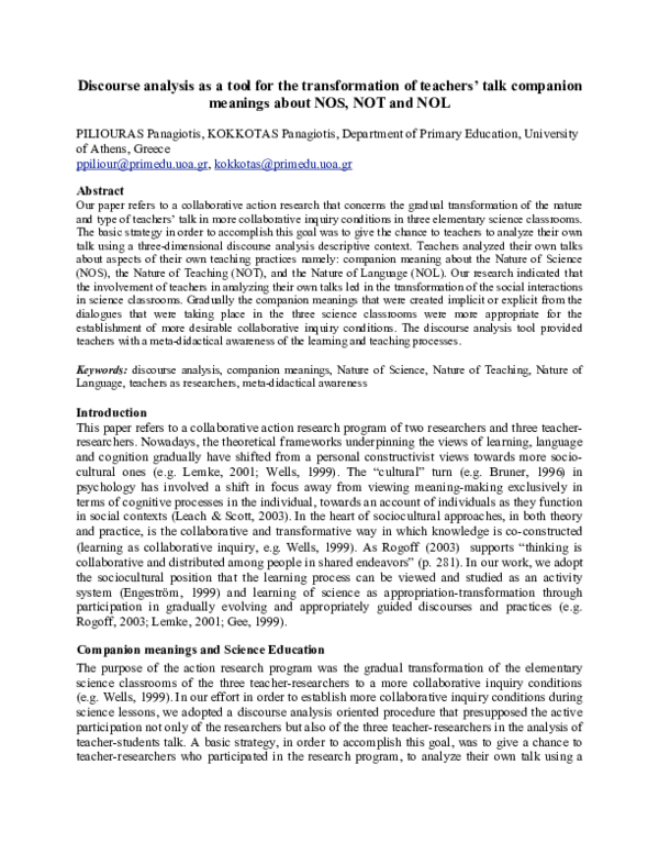 (PDF) Discourse analysis as a tool for the transformation of teachers ...