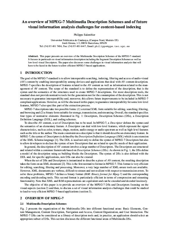 (PDF) An overview of MPEG7 Multimedia Description Schemes and of future ...