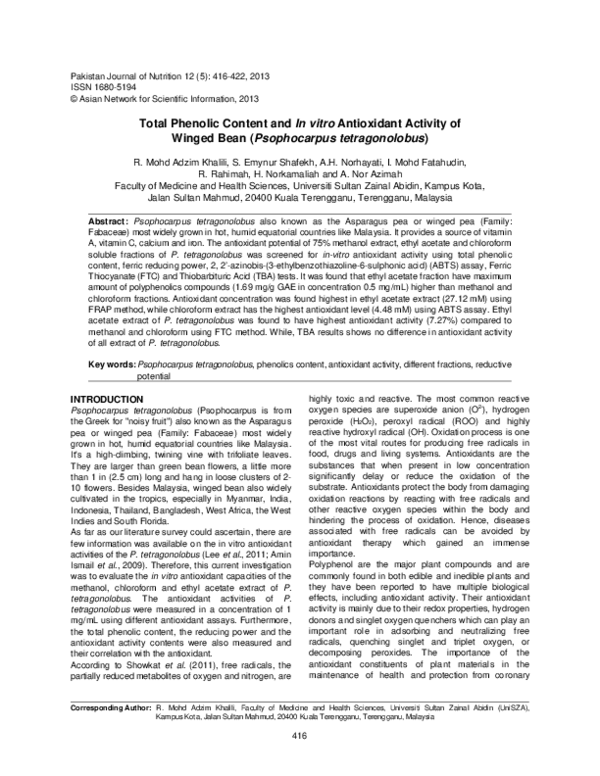 (PDF) Total Phenolic Content and In vitro Antioxidant Activity of ...