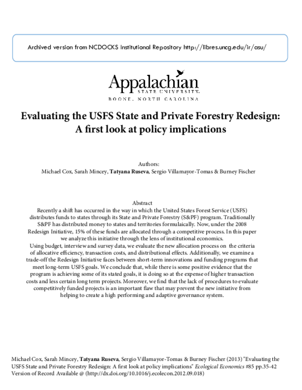 (PDF) Evaluating the USFS State and Private Forestry Redesign: A first ...