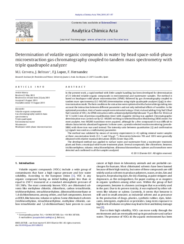 (PDF) Determination of volatile organic compounds in water by headspace ...