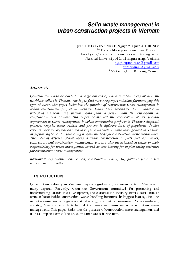 (PDF) Solid waste management in urban construction projects in Vietnam