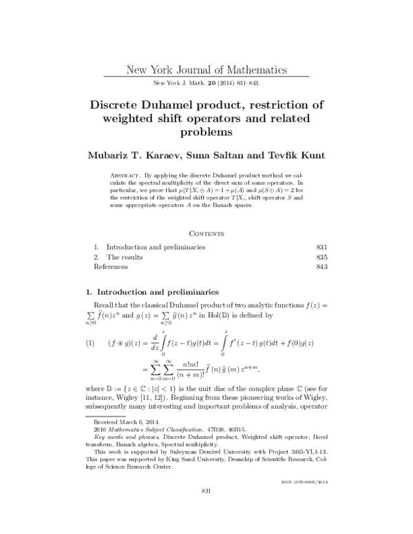 (PDF) Discrete Duhamel product , restriction of weighted shift ...