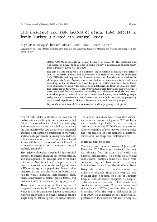 (PDF) The incidence and risk factors of neural tube defects in Izmir ...